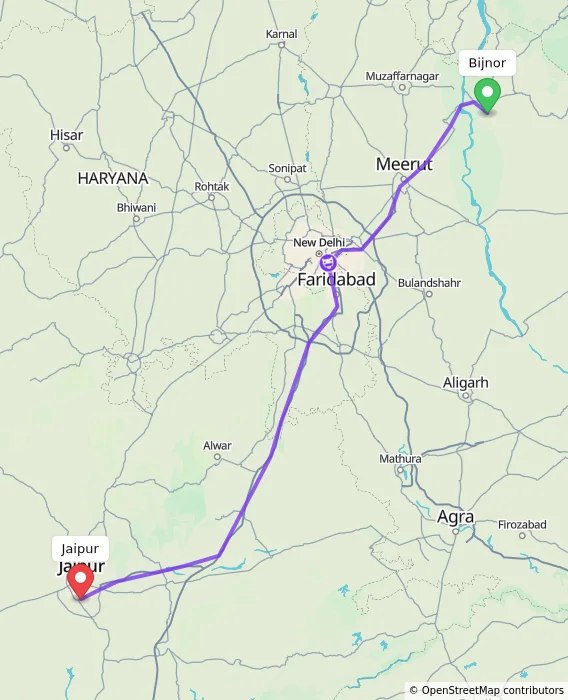 Route map showing distance and travel time from Bijnor, India to Jaipur, India