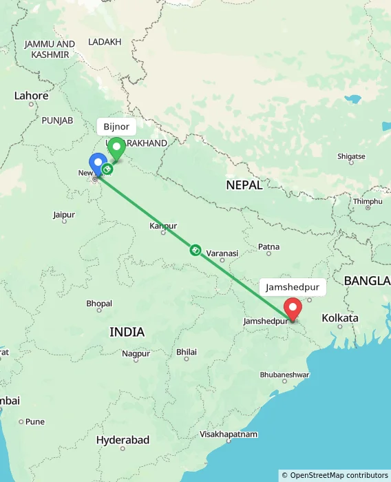 Route map showing distance and travel time from Bijnor, India to Jamshedpur, India