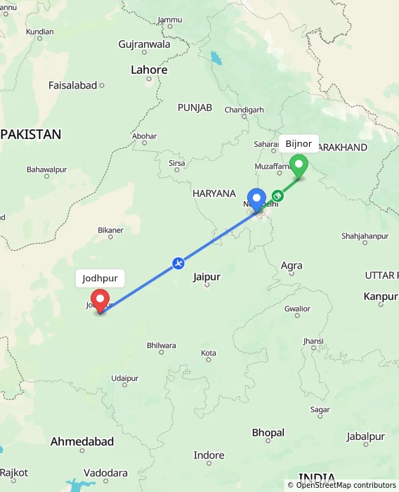 Route map showing distance and travel time from Bijnor, India to Jodhpur, India