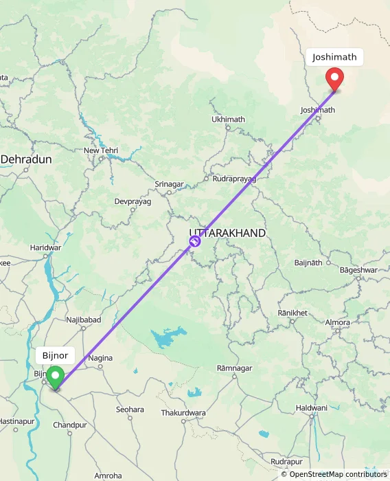 Route map showing distance and travel time from Bijnor, India to Joshimath, India