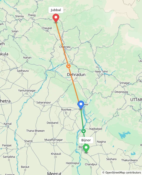 Route map showing distance and travel time from Bijnor, India to Jubbal, India