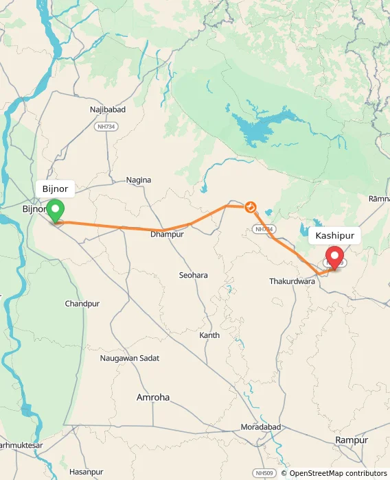 Route map showing distance and travel time from Bijnor, India to Kashipur, India