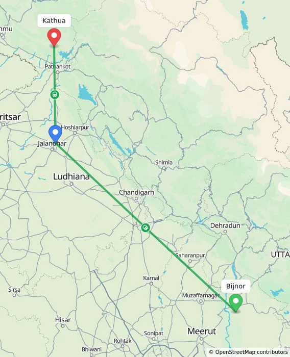 Route map showing distance and travel time from Bijnor, India to Kathua, India