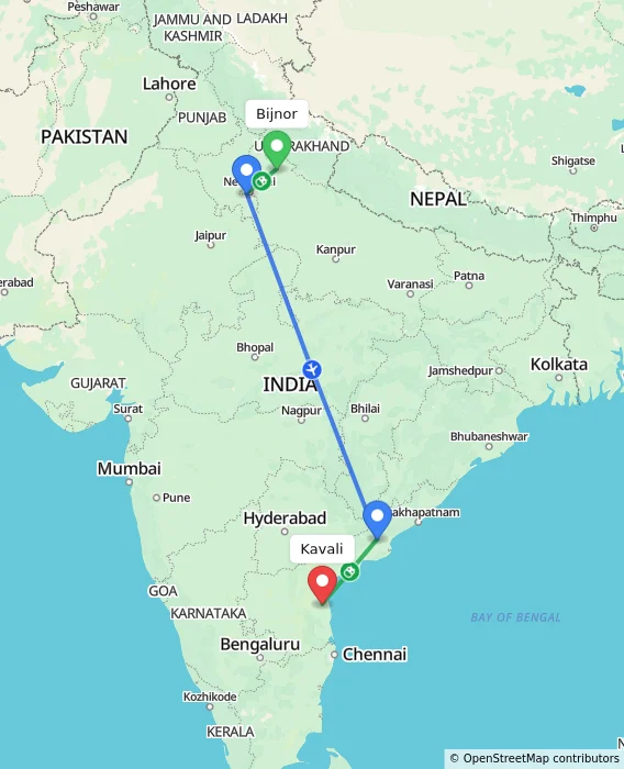 Route map showing distance and travel time from Bijnor, India to Kavali, India