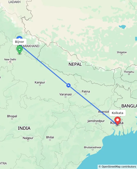 Route map showing distance and travel time from Bijnor, India to Kolkata, India