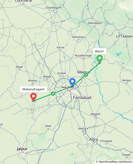 Route map showing distance and travel time from Bijnor, India to Mahendragarh, India