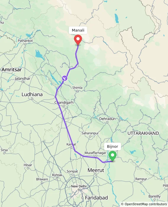 Route map showing distance and travel time from Bijnor, India to Manali, India