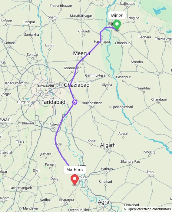 Route map showing distance and travel time from Bijnor, India to Mathura, India