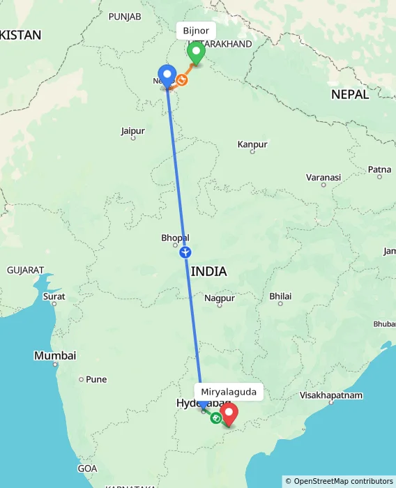 Route map showing distance and travel time from Bijnor, India to Miryalaguda, India