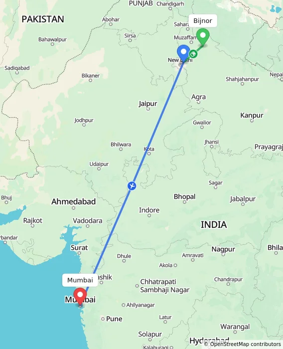 Route map showing distance and travel time from Bijnor, India to Mumbai, India