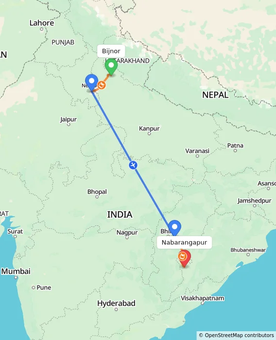 Route map showing distance and travel time from Bijnor, India to Nabarangapur, India