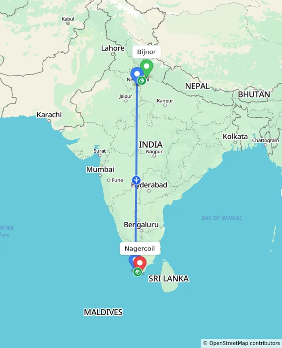 Route map showing distance and travel time from Bijnor, India to Nagercoil, India