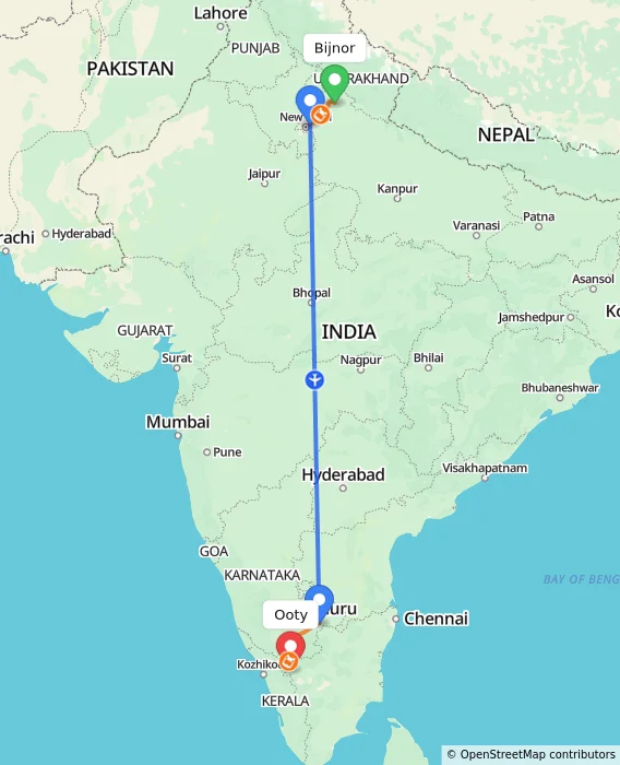Route map showing distance and travel time from Bijnor, India to Ooty, India