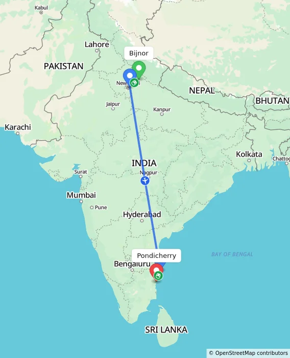 Route map showing distance and travel time from Bijnor, India to Pondicherry, India