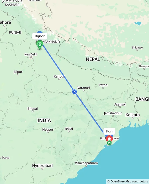 Route map showing distance and travel time from Bijnor, India to Puri, India