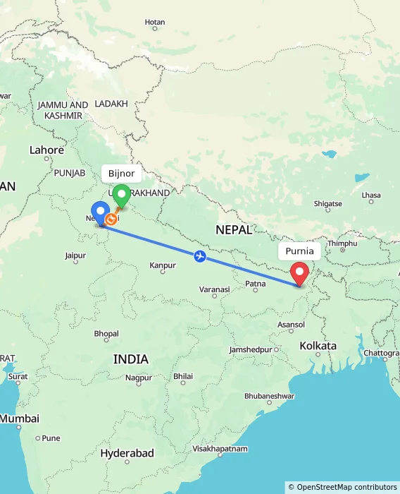 Route map showing distance and travel time from Bijnor, India to Purnia, India