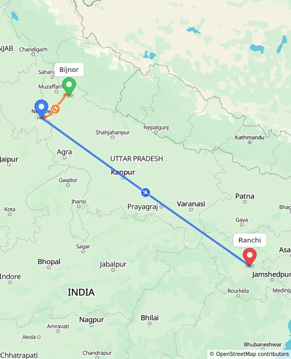 Route map showing distance and travel time from Bijnor, India to Ranchi, India