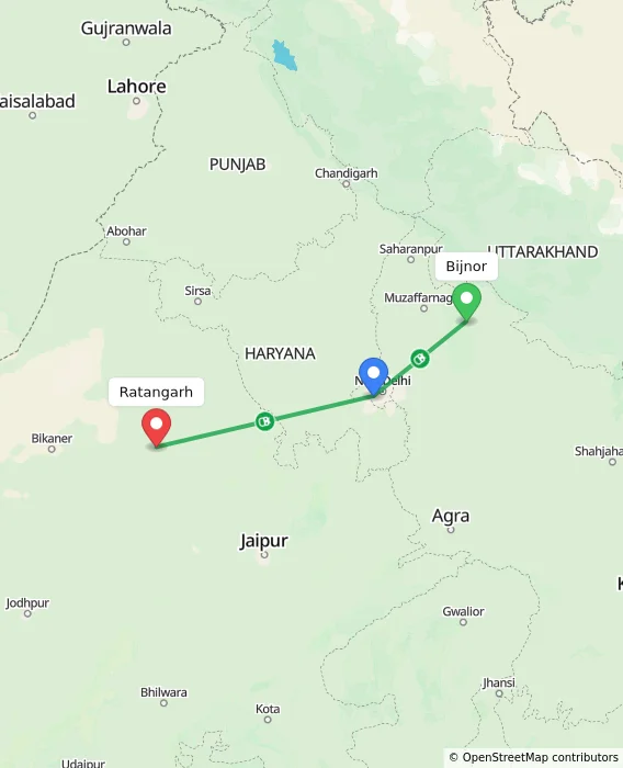 Route map showing distance and travel time from Bijnor, India to Ratangarh, India