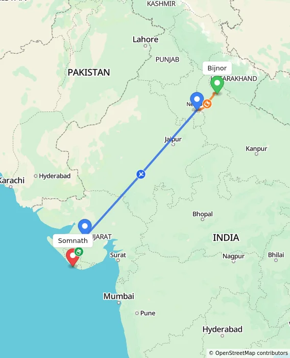 Route map showing distance and travel time from Bijnor, India to Somnath, India