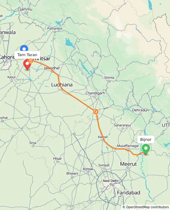 Route map showing distance and travel time from Bijnor, India to Tarn Taran, India