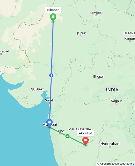 Route map showing distance and travel time from Bikaner, India to Akkalkot, India