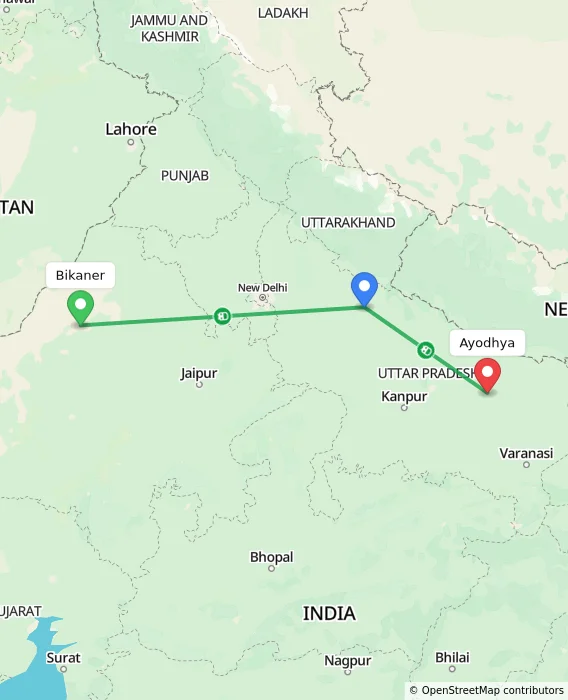 Route map showing distance and travel time from Bikaner, India to Ayodhya, India