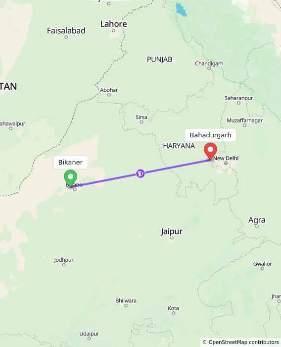 Route map showing distance and travel time from Bikaner, India to Bahadurgarh, India