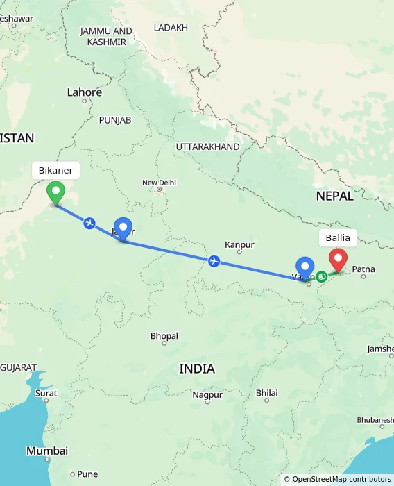 Route map showing distance and travel time from Bikaner, India to Ballia, India