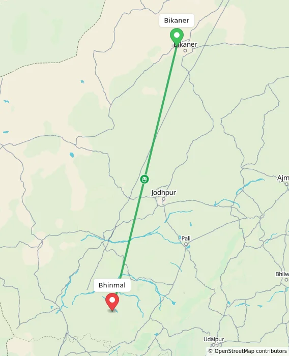 Route map showing distance and travel time from Bikaner, India to Bhinmal, India