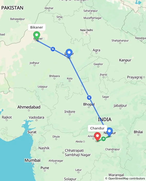 Route map showing distance and travel time from Bikaner, India to Chandur, India
