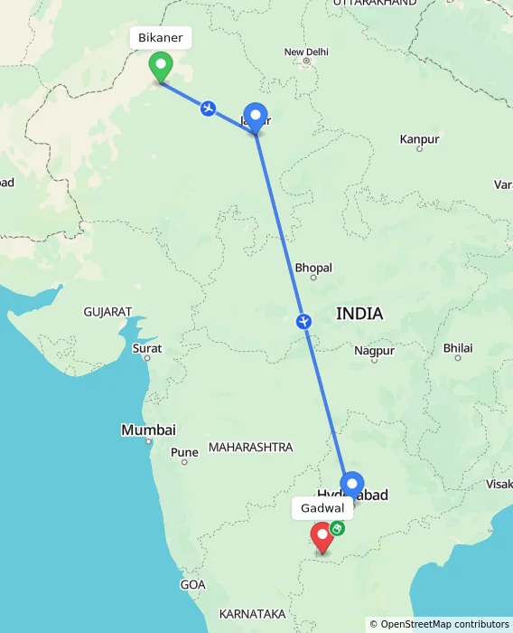 Route map showing distance and travel time from Bikaner, India to Gadwal, India