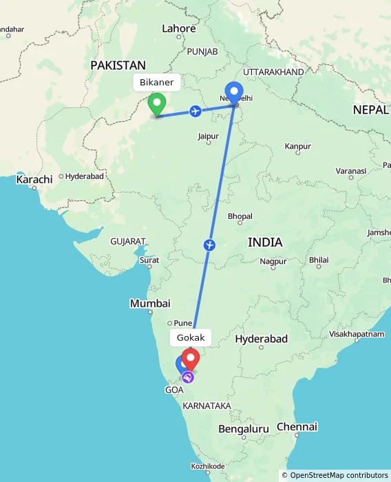 Route map showing distance and travel time from Bikaner, India to Gokak, India