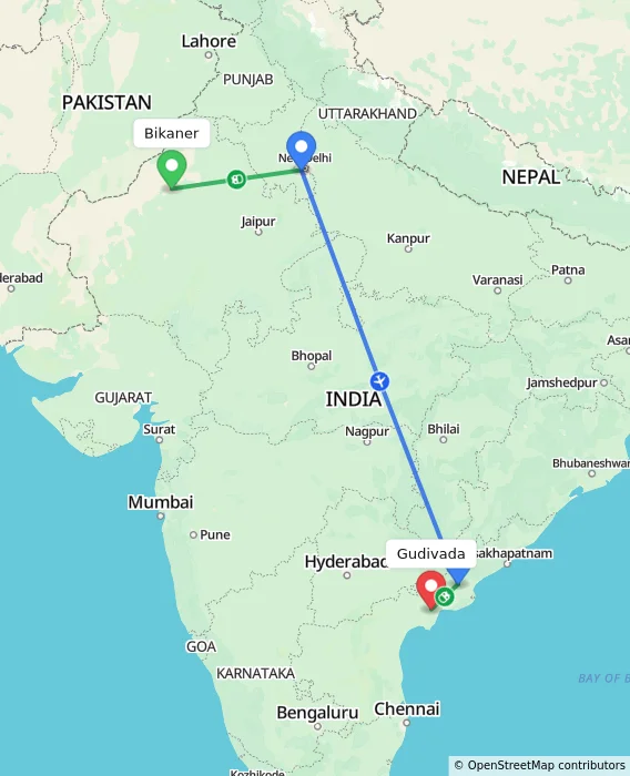 Route map showing distance and travel time from Bikaner, India to Gudivada, India
