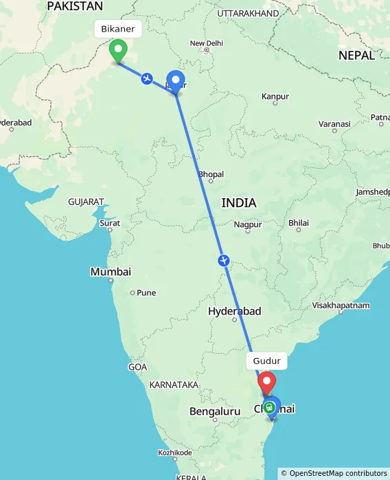 Route map showing distance and travel time from Bikaner, India to Gudur, India