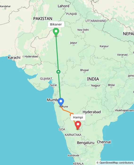 Route map showing distance and travel time from Bikaner, India to Hampi, India