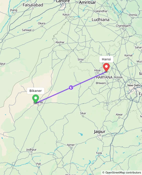 Route map showing distance and travel time from Bikaner, India to Hansi, India