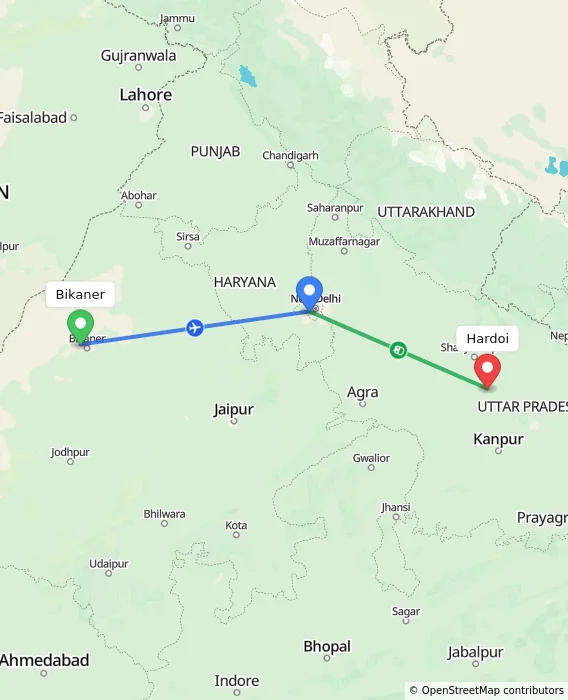 Route map showing distance and travel time from Bikaner, India to Hardoi, India