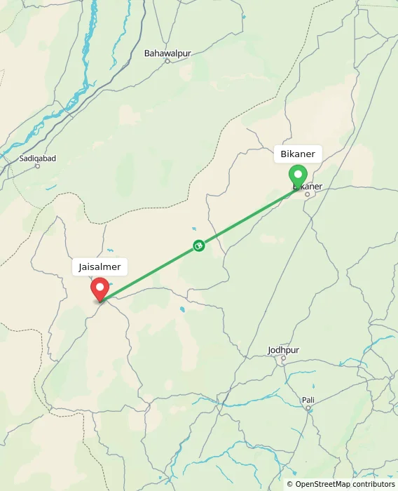 Route map showing distance and travel time from Bikaner, India to Jaisalmer, India