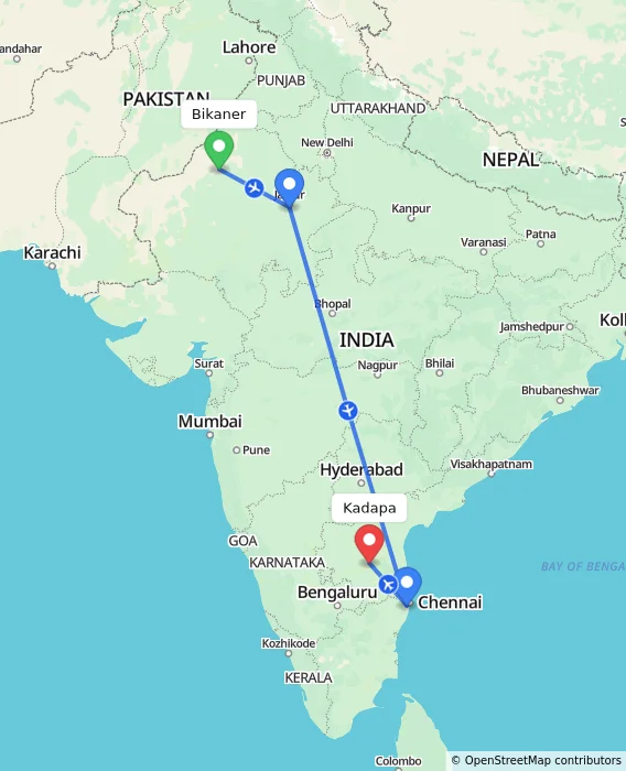 Route map showing distance and travel time from Bikaner, India to Kadapa, India
