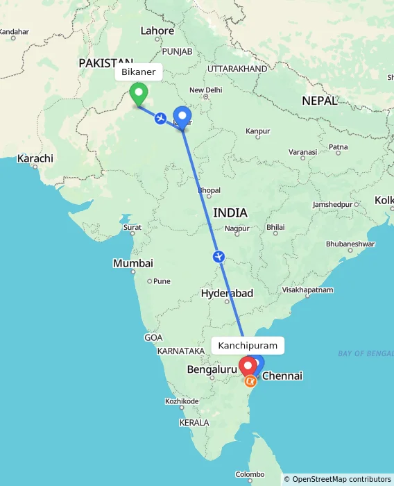 Route map showing distance and travel time from Bikaner, India to Kanchipuram, India