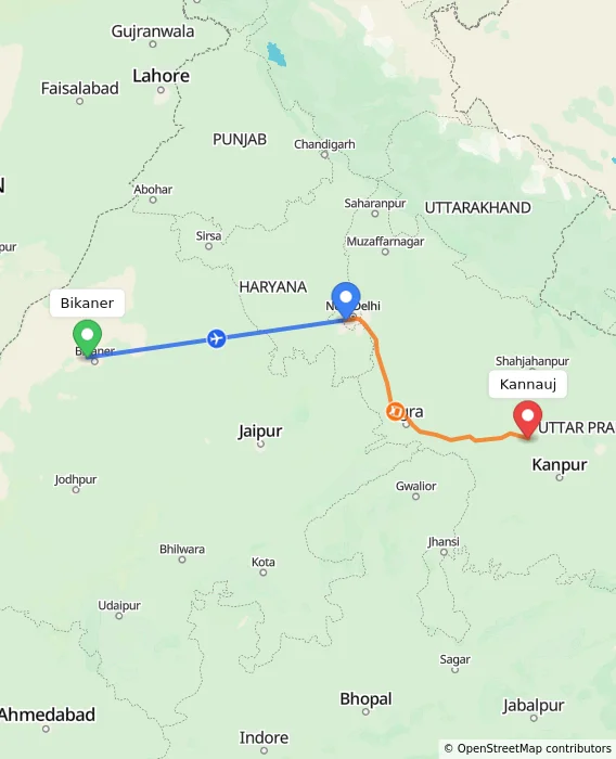 Route map showing distance and travel time from Bikaner, India to Kannauj, India