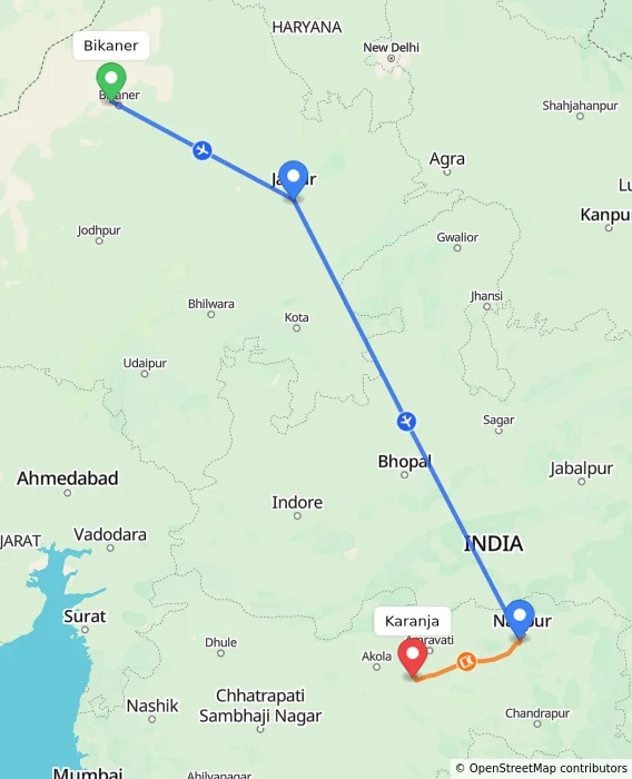 Route map showing distance and travel time from Bikaner, India to Karanja, India