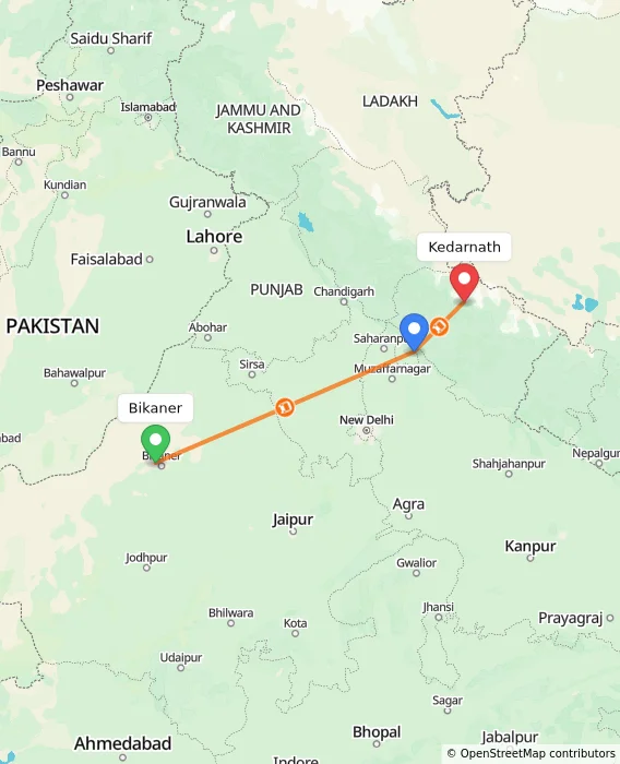 Route map showing distance and travel time from Bikaner, India to Kedarnath, India