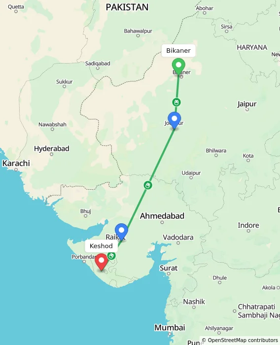 Route map showing distance and travel time from Bikaner, India to Keshod, India