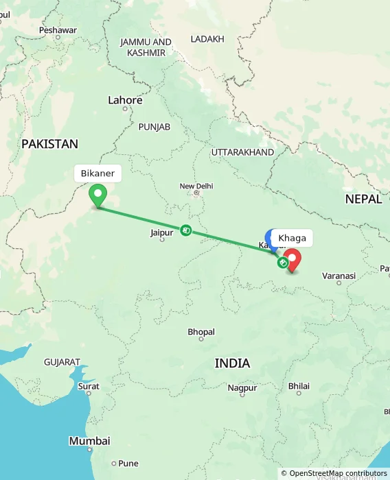 Route map showing distance and travel time from Bikaner, India to Khaga, India