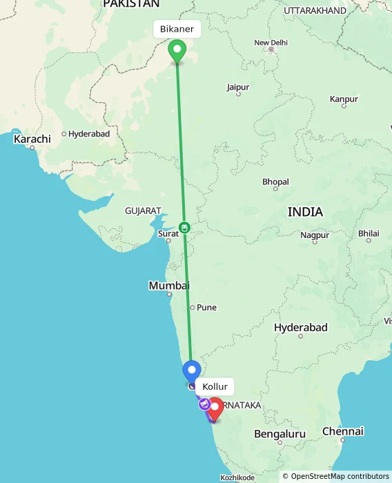 Route map showing distance and travel time from Bikaner, India to Kollur, India