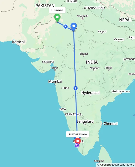 Route map showing distance and travel time from Bikaner, India to Kumarakom, India