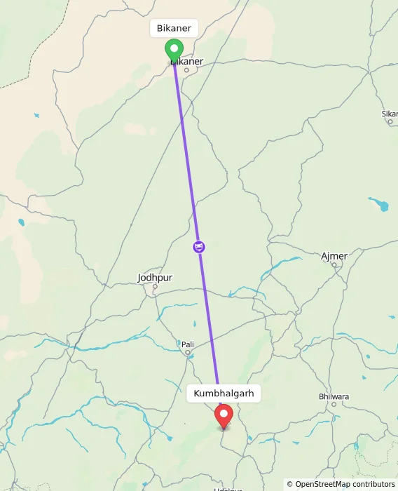 Route map showing distance and travel time from Bikaner, India to Kumbhalgarh, India