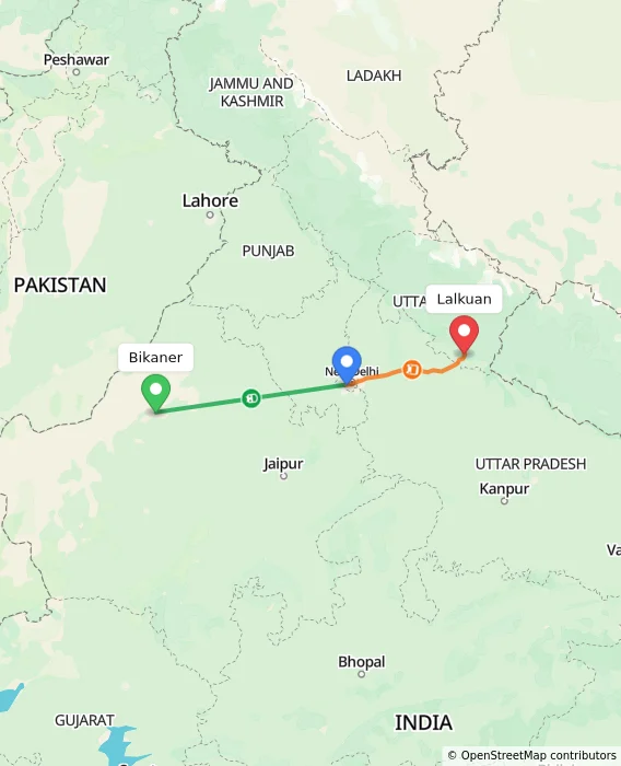 Route map showing distance and travel time from Bikaner, India to Lalkuan, India