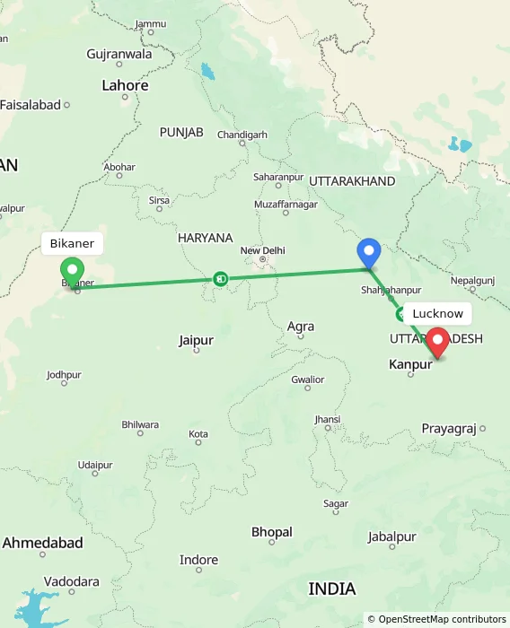Route map showing distance and travel time from Bikaner, India to Lucknow, India